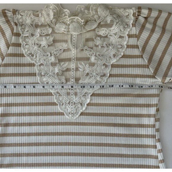 Romantic Victorian Short Sleeve Lace Stripe Blouse Top Sz Medium Metallic Pearl - Picture 11 of 11